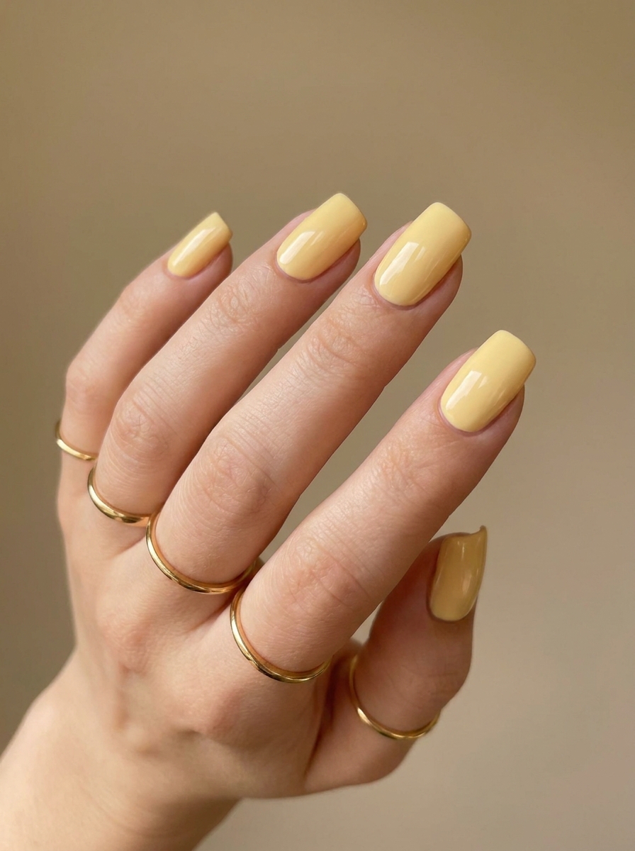 Buttery Yellow Square Nails mit klarer moderner Form